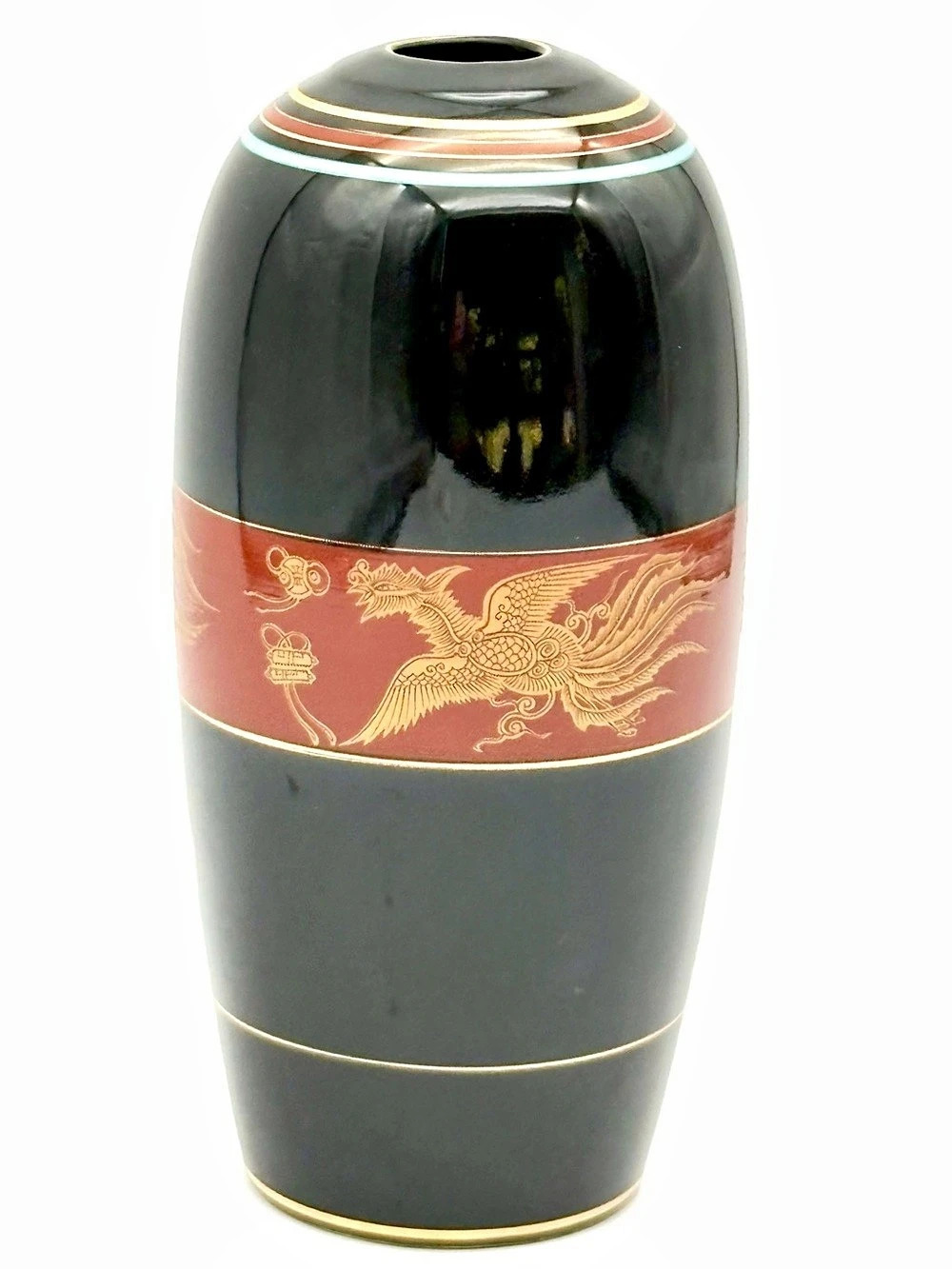 Vintage Shibata Japan Black & Red Ceramic Vase - Gold Phoenix/Ho-o Bird Motif
